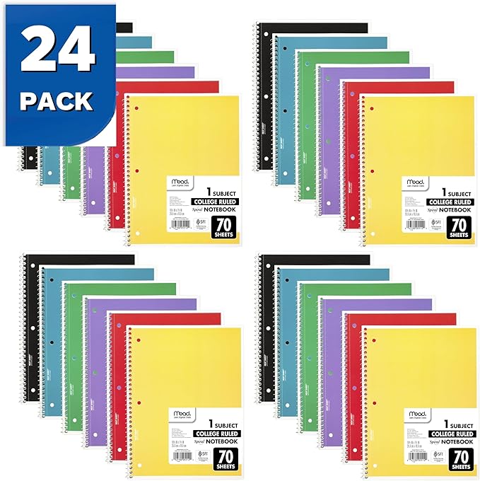 Mead Spiral Notebooks, 24 Pack, 1 Subject, College Ruled Paper, 7-1/2" x 10-1/2", 70 Sheets per Notebook, Colors Will Vary (830062-ECM25)