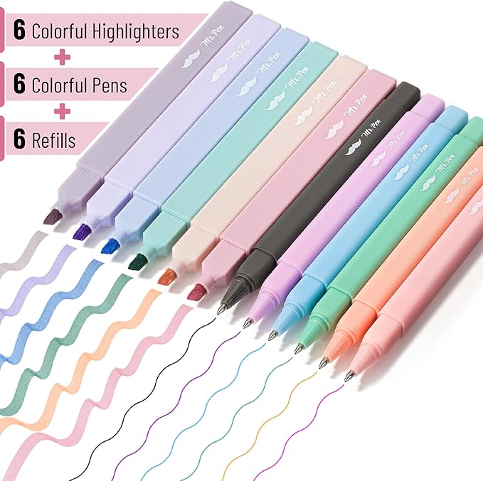 Mr. Pen- Aesthetic Highlighters and Pens with Case, 12 Pack, 6 Pen Refills, Cute Highlighters Assorted Colors, Colorful Ink Bible Pens No Bleed Through