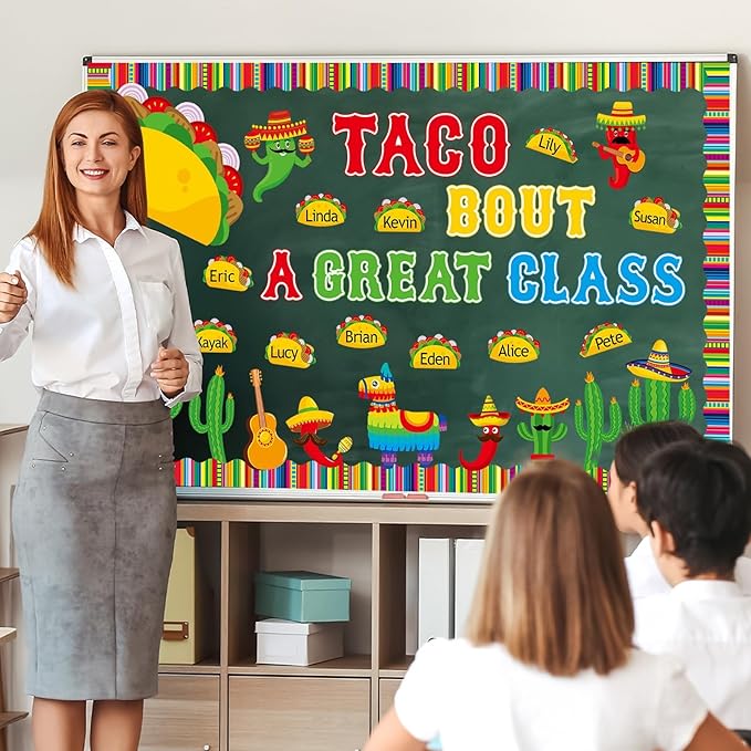 Back to School Bulletin Board Set Taco Bout a Great Class Classroom Decoration Mexican Fiesta De Mayo Themed Name Tag Cutouts for School Nursery Chalkboard Wall Door Decor Party Supplies