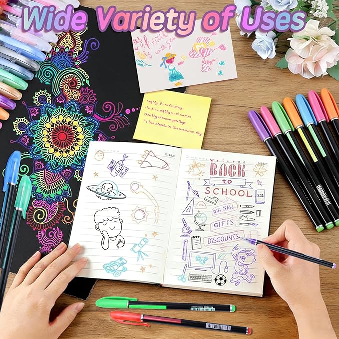 60 Colors Gel Pens Gel Pen Set for Adult Coloring, Metallic Glitter Pens & Gel Ink Pens for Journaling, Drawing, Cute Journal Pens Colored Gel Pens for Black Paper Writing
