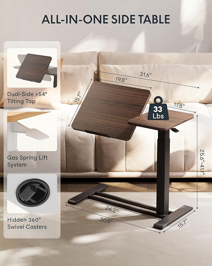FLEXISPOT H7 Flex Adjustable Height C-Shaped End Table Split Tilting Top Mobile Side Table for Sofa & Bedside, Slides Under Furniture, Hidden Wheels for Small Spaces(31.6" W x 15.7" D,Dark Walnut)