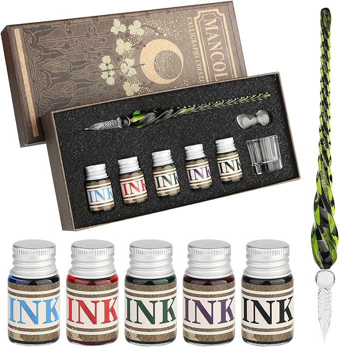 Mancola Glass Dipped Crystal Calligraphy Pen Set with 5 Colorful India Ink, 1 Pen Holder, 1 Cleaning Cup, Ink Drip Tool, Signatures, Drawing, Decoration Kits for Beginners