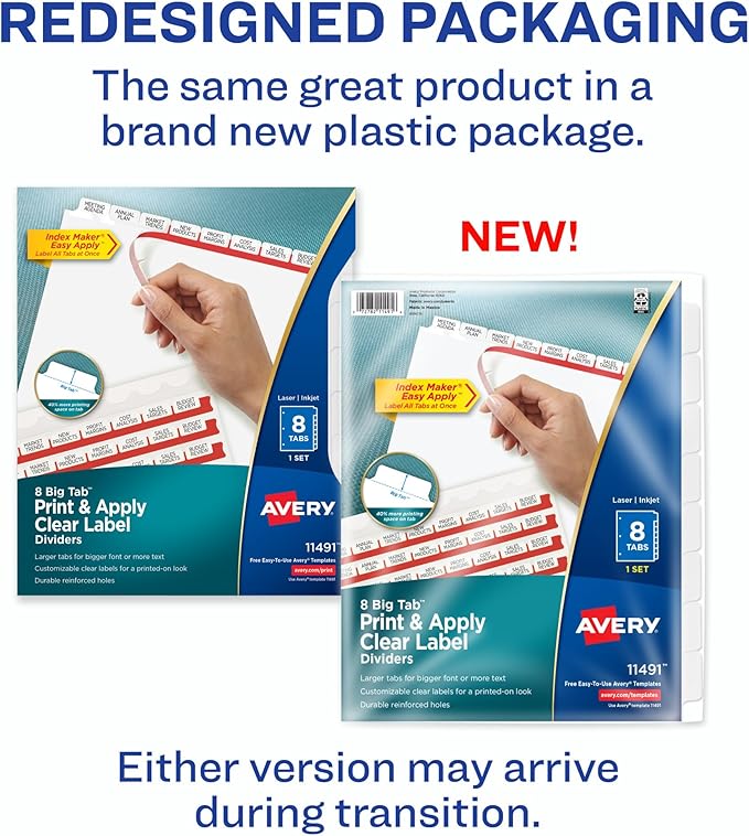 Avery 8 Big Tab Dividers for 3 Ring Binder, Easy Print & Apply Clear Label Strip, Index Maker Customizable White Tabs, 1 Set (11491)