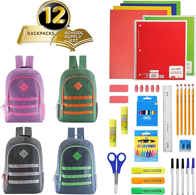 12-Pack 19” Sport Backpacks with 52 Piece School Supplies Kits - Pens, Pencils, Crayons – Bulk Bundle for Elementary, Middle, and High School Students, 4 Assorted Styles