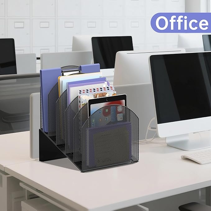 5-Section Desk File Organizer, Vertical File Organizer for Desk, Mesh Mail Holder for Letter Size Folders, Black