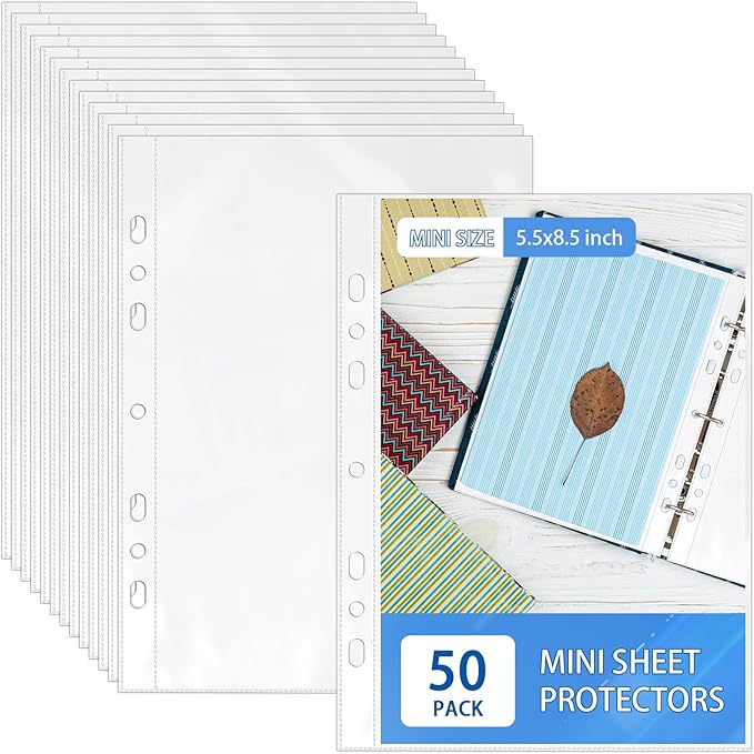 50 Pack 5.5x8.5 Inch Sheet Protectors for 3 or 6 Ring A5 Binder, Half Letter Size 7 Holes Mini Heavy-Duty Sheet Protector Sleeves Crystal Clear Playbill Binder Pockets