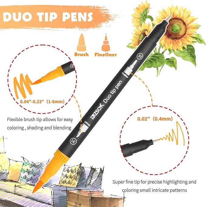 ZSCM 32 Colors Duo Tip Brush Markers Art Pen Set, Artist Fine and Brush Tip Colored Pens, for Adult Coloring Books Christmas Cards Drawing, Note taking Lettering Calligraphy Journaling