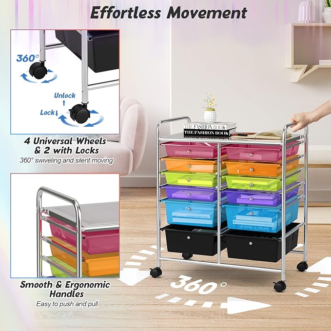 COSTWAY 12-Drawer Rolling Storage Cart, Moveable Art Craft Organizer W/Lockable Wheels, Metal Shelf, Files Arrangement Tools Makeup Storage Cart for Office, Home, School (Rainbow)