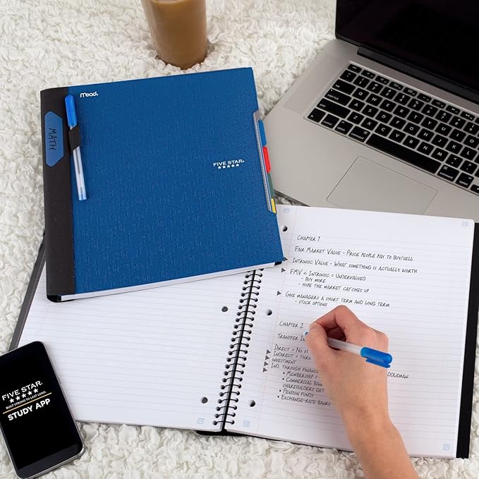 Five Star Advance Spiral Notebook + Study App, 5 Subject, College Ruled Paper, 8-1/2" x 11", 200 Sheets, Spiral Guard, Movable Tabbed Dividers, Pacific Blue (73150) (Pack of 6)