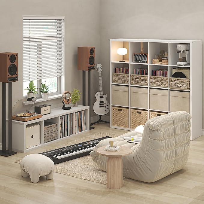 Furinno Cubicle Record Player Stand with Vinyl Storage, 4-Cube 1.2 Extra Thick Vinyl Record Storage, Open Back Media Shelf for CD DVD Blueray Game Disc, for Living Room, Home Office, White