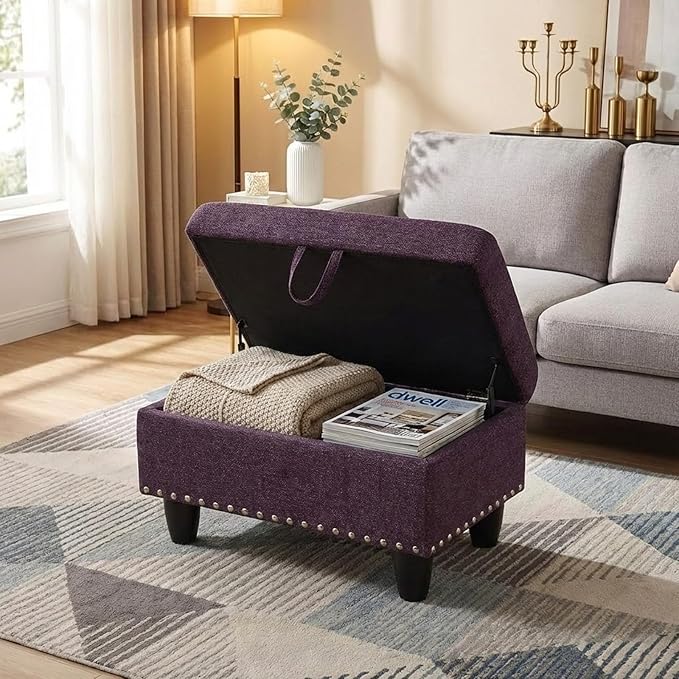 Simple Deluxe Ottoman with Storage Bench Chair, 28.5" L x 19.5" W x 17.5" H Foot Rest Stools with Non-Woven Fabric,Ottoman Storage Chest Box with Padded Seat for Bedroom, Living Room, Entryway,Purple