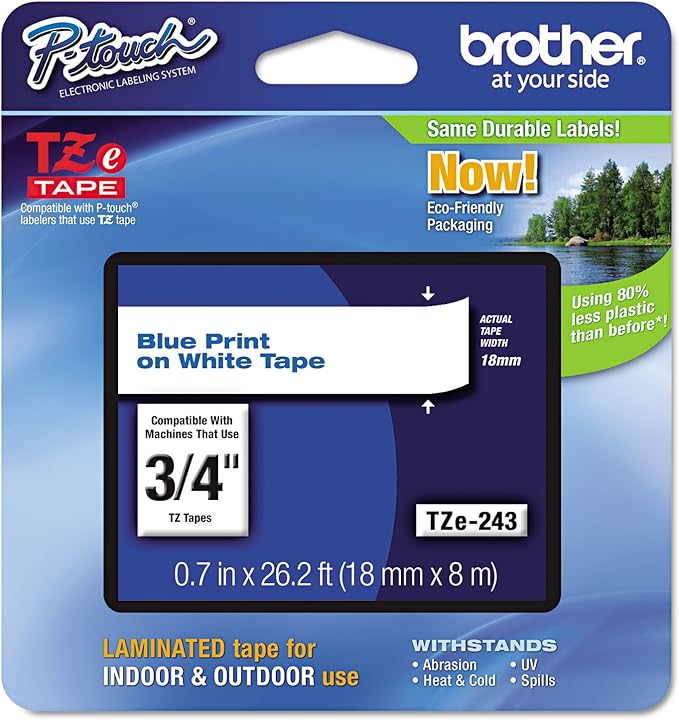 Brother Genuine P-Touch TZE-243 Tape, 3/4" (0.7 mm) Standard Laminated P-Touch Tape, Blue on White, Laminated for Indoor or Outdoor Use, Water-Resistant, 26.2 ft (8 m), Single-Pack