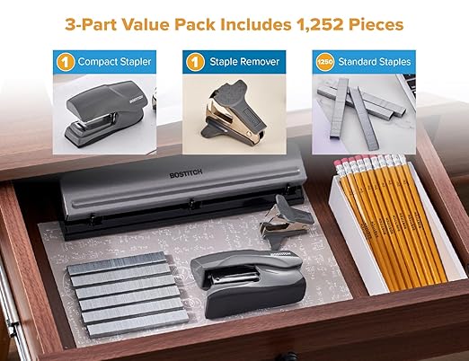 Bostitch Office Heavy Duty 40 Sheet Stapler with 1250 Staples & Claw Remover, Small Stapler Size, Fits into The Palm of Your Hand, Value Pack, Gray (B175-GRAY-VP)