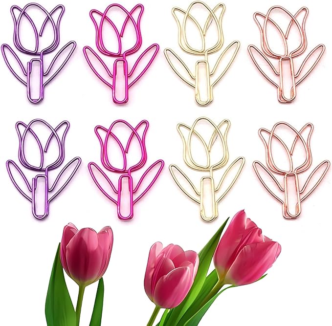 20 Pcs Metal Flower Paper Clips Set - Cute Large Decorative Paperclips for File Organization, School, Home Office and Wedding Decor 4 Colors (TULIPFLOWER)