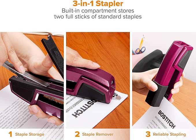 Bostitch Office Epic Metal 3 in 1 Stapler, 25 Sheet Capacity, Includes 210 Staples in Staple Storage Compartment & Integrated Remover,