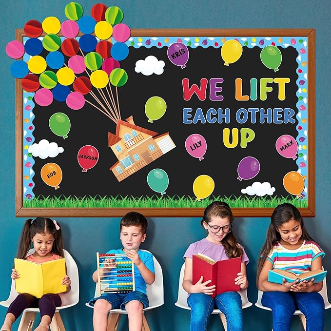 123Pcs Colorful Balloons Bulletin Board Set Mix Adventure Balloon Cloud Cutout Borders Name Tags Decoration Set Classroom Back to School Blackboard Decorations for Preschool Kindergarten Elementary
