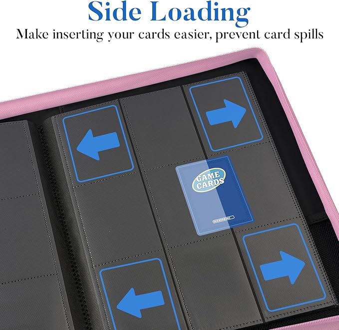 Premium Zip Card Binder, Fabmaker 9 Pocket Trading Card Binder, PU Cover Zipper Card Collection Album, Sturdy 360 Side-Loading Card Folder Holder for Game & Sports Cards, Pink