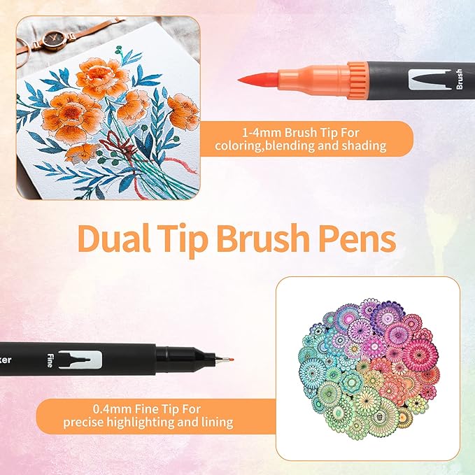 Art Markers Brush Pen, Markers for Adult Coloring Books No Bleeding,32 Colored Pens Fine Point Highlighter Pen & Brush for Adult Coloring Journaling Note Taking Planner