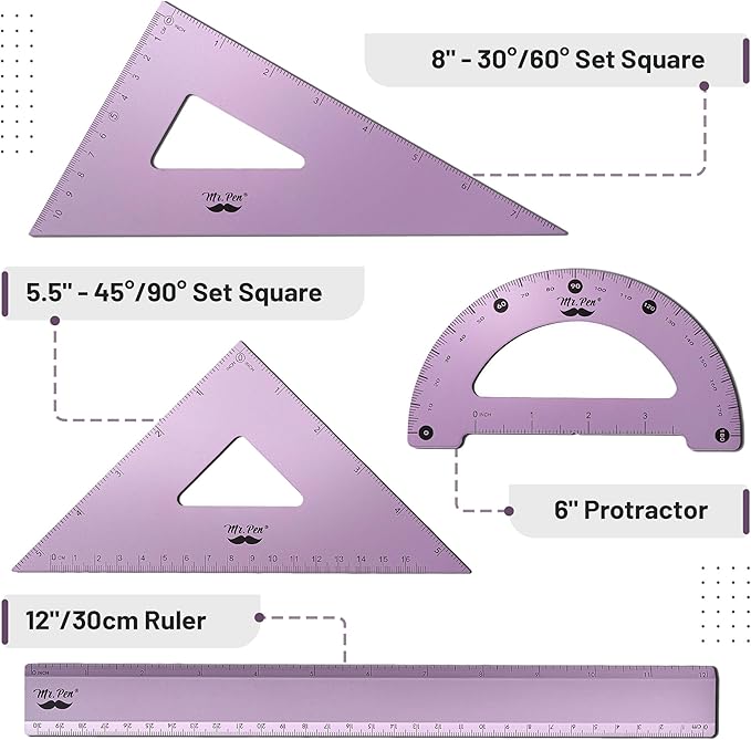 Mr. Pen- Geometry Set, 4 Pack, Blue Magenta Color, Metal Geometry Kit, Triangle Ruler, Metal Ruler, Drafting Triangles, Metal Protractor, Metal Set Square, Drafting Ruler, Drafting Set