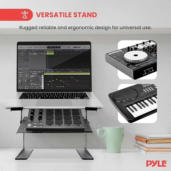 Pyle DJ Laptop Stand with Storage Shelf, Portable Adjustable Computer Stand for Laptop, Height Adjustable Laptop Floor Stand for DJ Booth, Studio, Live Events, and Home Use