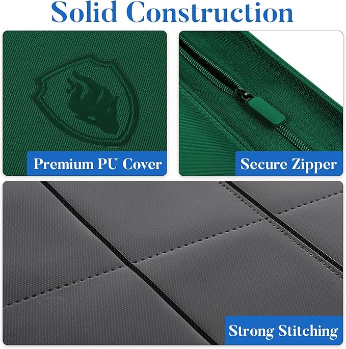Premium Zip Card Binder, Fabmaker 9 Pocket Trading Card Binder, PU Cover Zipper Card Collection Album, Sturdy 360 Side-Loading Card Folder Holder for Game & Sports Cards, Dark Green