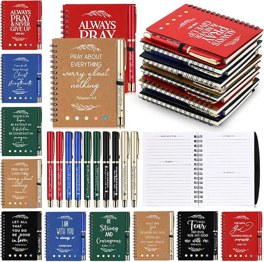 Spakon 50 Set Christian Gifts Bulk Easter Mother's Day Church Sticky Note Spiral Notebook Bible Verse Ballpoint Pen Prayer Journal Religious Scripture Notepad Sunday School Teacher Party Favors