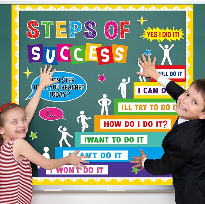Motivational Bulletin Board Decoration Set Positive Classroom Decor Steps of Success Paper Cutouts Educational Sayings Accents for Back to School Elementary Home Wall Door Supplies