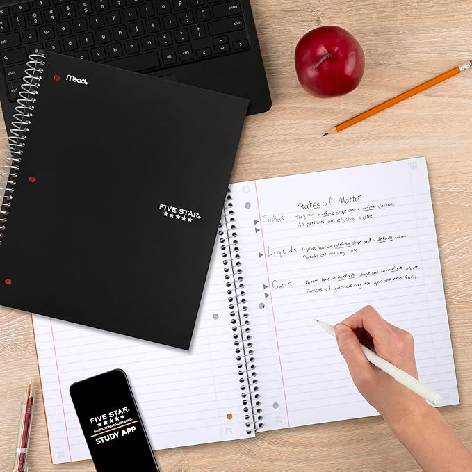 Five Star Spiral Notebook + Study App,5 Subject,Wide Ruled Paper,8" x 10-1/2",200 Sheets,Fights Ink Bleed,Water Resistant Cover,Black (72045),(Pack of 6)