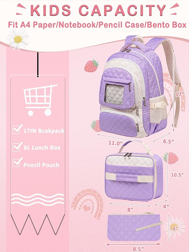 Cute Rainbow Backpack with Lunch Box for Girls Little Kids for Age 6-8 8-10 School Bag for Primary Kindergarten Elementary Backpack Mochila Para Niñas