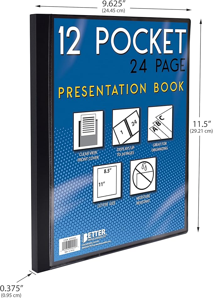Better Office Products 12 Pocket Bound Presentation Book, Blue, Clear View Front Cover, 24 Sheet Protector Pages, 8.5" x 11" Sheets, Art Portfolio, Durable Poly Covers, Letter Size (2 Pack)