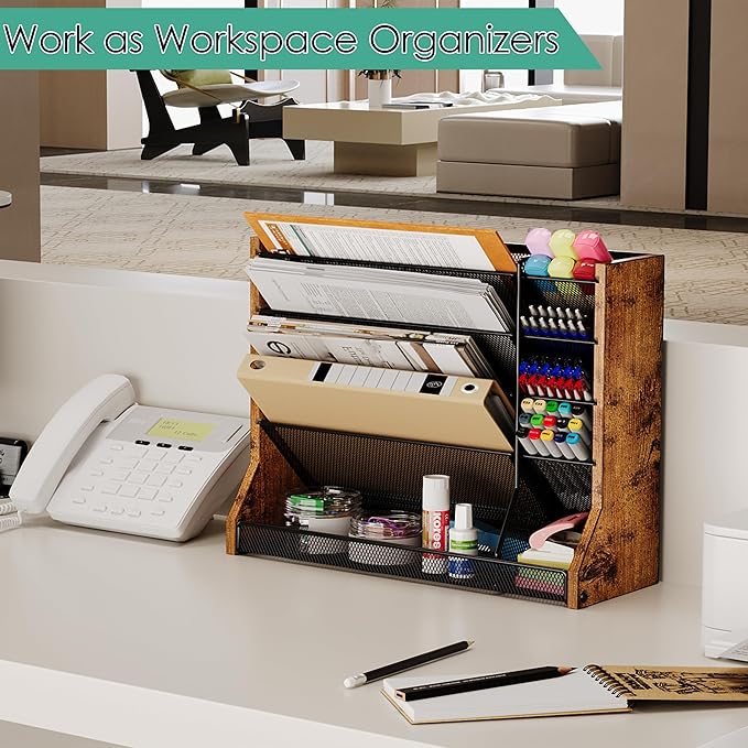Wall Desk File Organizer 5 Tiers, Ironwood Hanging File Organizer with R-shaped Tray, Wall File Holder for Office Home, 4 Pull-Out Divider and Pen Slots to Sort File,Mail,Newspaper,Pen, Brown
