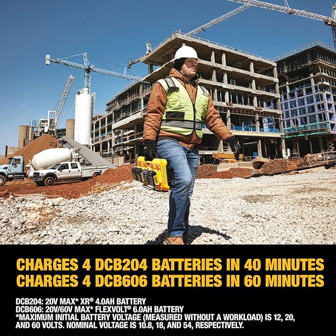 DEWALT Battery Charger for 12V MAX, 20V MAX and FLEXVOLT 20V/60V MAX Batteries, 8 Amp, 4 Port Simultaneous Fast Charging Station (DCB104)