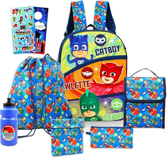 Disney PJ Masks School Backpack with Lunch Box for Kids - 5 Pc Bundle with 16" Backpack, Cinch Bag, Lunch Bag, Pencil Holder, Stickers, More | PJ Masks School Bag Set