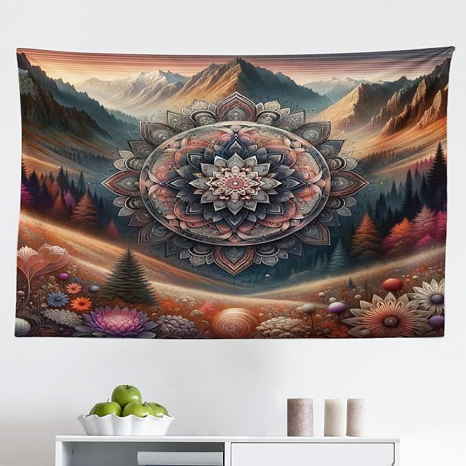 Ambesonne Hippie Tapestry, Modern Scandi Blooming Trippy Flower with Mountain Landscape Woodland, Fabric Wall Hanging Decor for Bedroom Living Room Dorm, 45" X 30", Pale Vermilion Cadet Blue