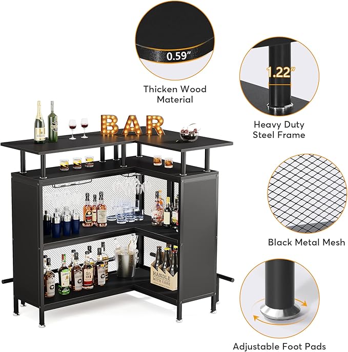 Tribesigns Home Bar Unit, L-Shaped Bar Table with Stemware Racks and 2-Tier Shelves, Corner Mini Coffee Liquor Cabinet with Footrest for Home/Kitchen/Pub, Black