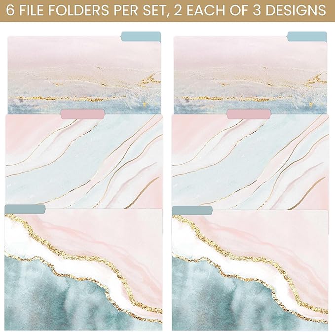 bloom daily planners Decorative File Folders - Set of Six Letter Size (8.5” x 11”) Organizers, 1/3 Cut Tabs - Assorted Designs - Ethereal Marble