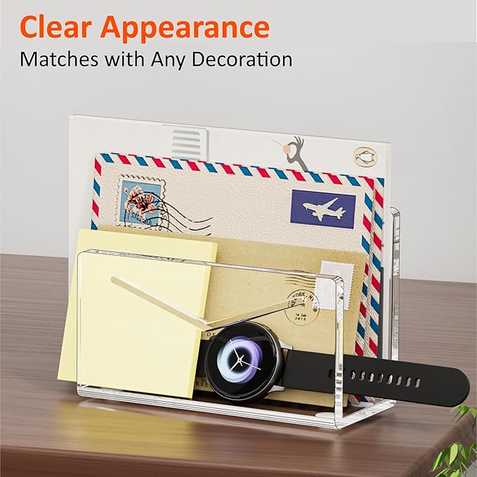 Acrylic Mail Holder, Mail Organizer Wall Mounted Clear File Letter Organizer, Vertical Envelope Mail Holder for Desk, Lightweight Countertop Bill Sorter Invoice Stand for Home Office School