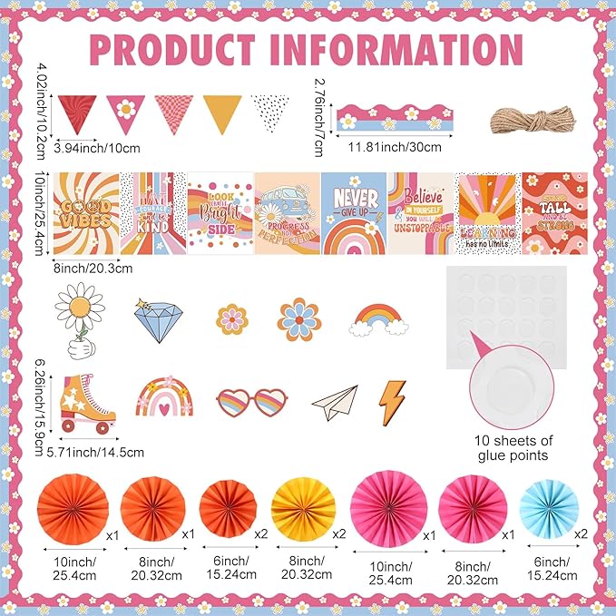 Pajean 62 Pcs Retro Groovy Classroom Bulletin Board Decorations Inspirational Posters with 3D Paper Fans Groovy Cutouts Motivational Bulletin Board Set for Back to School Classroom Home Decorations