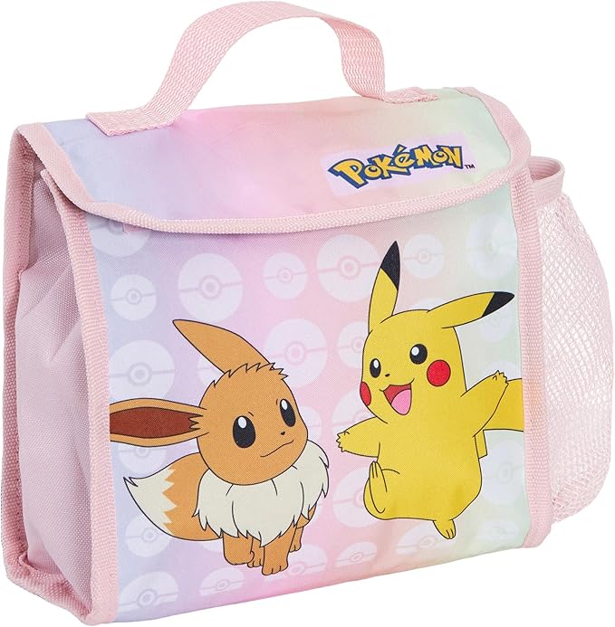 Girls Pokemon Backpack + Lunch Bag + Pencil Case 3 Piece Pikachu & Eevee College School Bag Set, Pink, Backpack