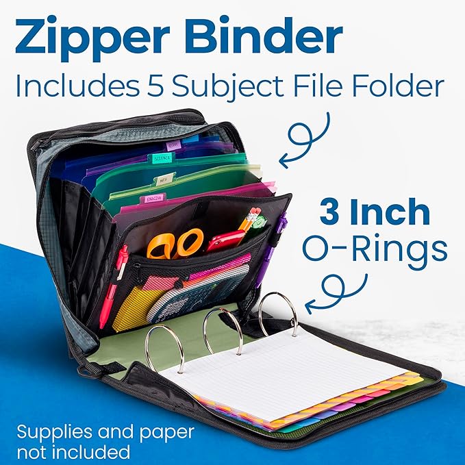 Case-it Mighty Zip Tab School Zipper Binder | 3-Inch O-Rings, 600-Sheet Capacity, 5-Subject Expanding File Folder, Multiple Pockets & Storage Organizer, Shoulder Strap | D-146 Key Lime