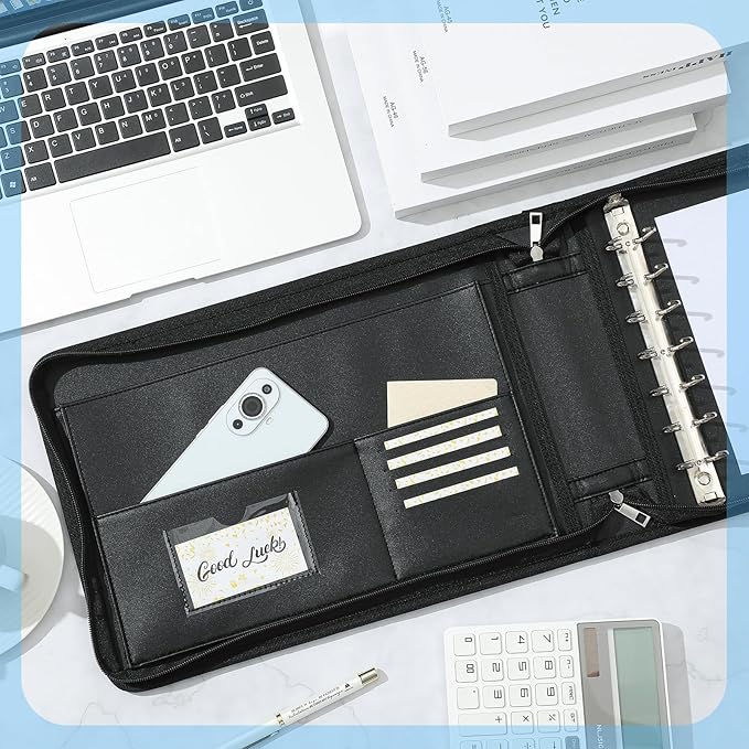 Henoyso 7 Ring Fireproof Business Checkbook Binder with Zipper 1.5 Inch D Rings Check Binder 9 x 13 Inch Checks 600 Sheets Capacity Built in Storage Organizer for Office Storage(Black)