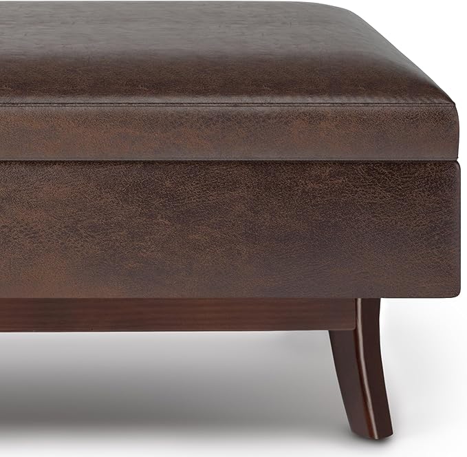 SIMPLIHOME Owen Rectangular Storage Ottoman - 48 inch Wide Upholstered Vegan Leather Lift-Top Ottoman in Distressed Chestnut Brown, Mid-Century Modern Ottoman for Living Room with Tufted Detail