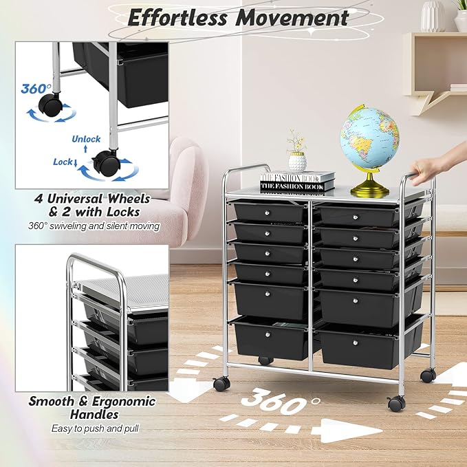 COSTWAY 12-Drawer Rolling Storage Cart, Moveable Art Craft Organizer W/Lockable Wheels, Metal Shelf, Files Arrangement Tools Makeup Storage Cart for Office, Home, School (Black)