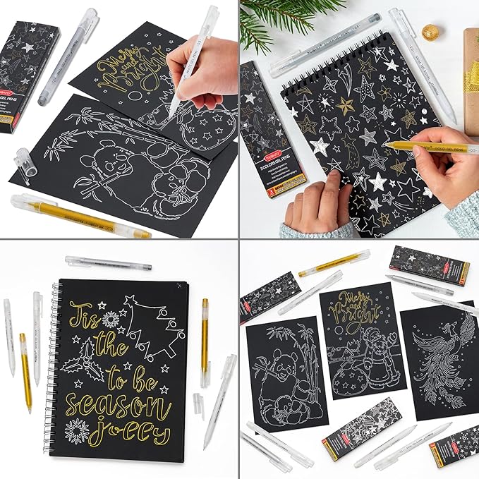 PANDAFLY Gold Silver White Gel Pens, 0.5mm Extra Fine Point Archival Ink Pen for Journaling, Art, or Drawing - For Artist Gifts, Holiday Gifts & DIY Projects, 3 Pack