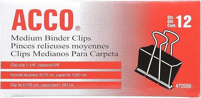 ACCO Binder Clips, Medium, 1 Case, 10 Packs/Case, 2 Boxes/Pack, 12 Clips/Box (A7072062CS)