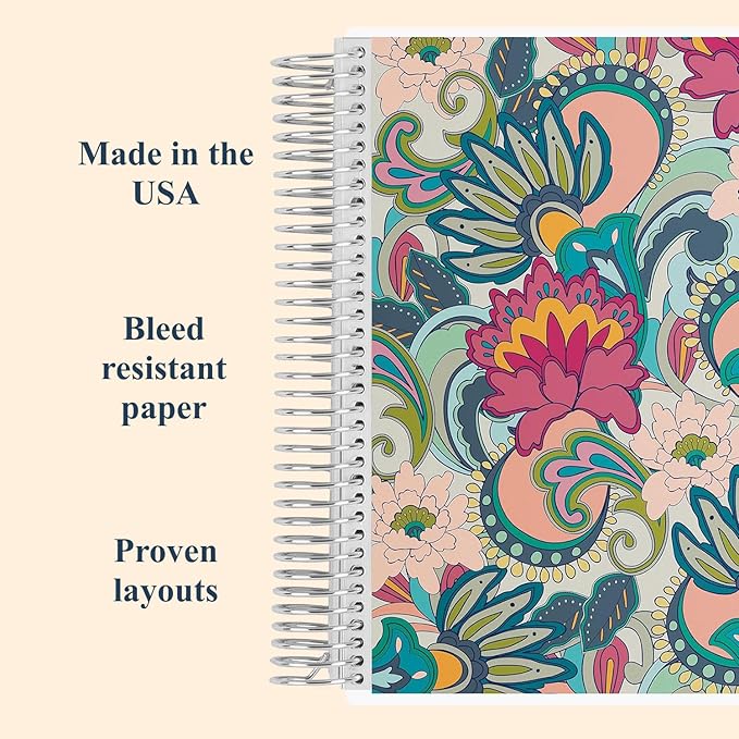 Erin Condren 7" X 9" Spiral Bound Productivity Notebook - Playful Paisley, Functional 160 Lined Page and 80Lb Thick Paper Spiral Notebook, Stickers Included
