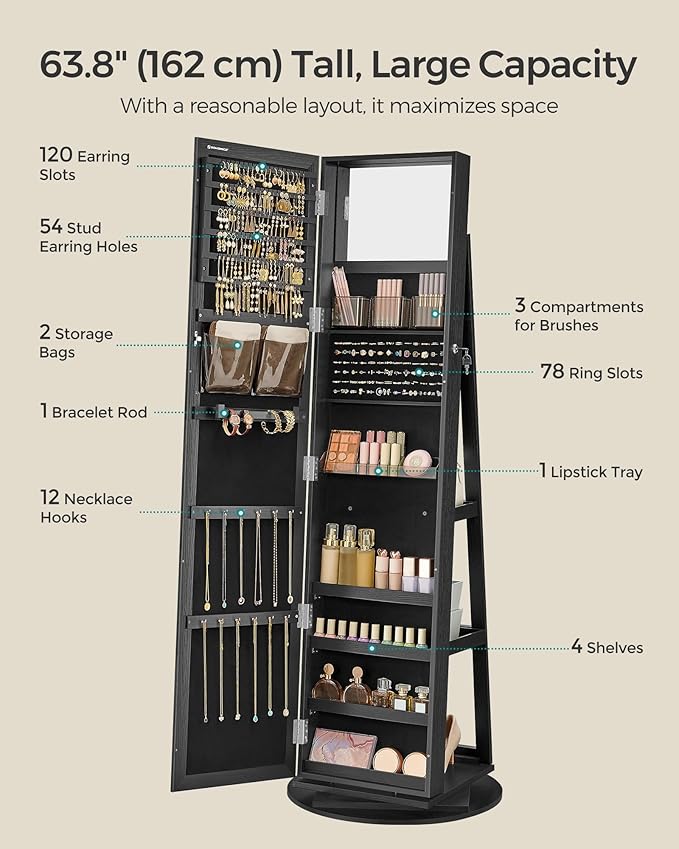 SONGMICS 360° Swivel Jewelry Cabinet, Lockable Jewelry Organizer with Full-Length Mirror, Rear Storage Shelves, Interior Mirror, Jewelry Armoire, Gift Idea, Black UJJC006B01