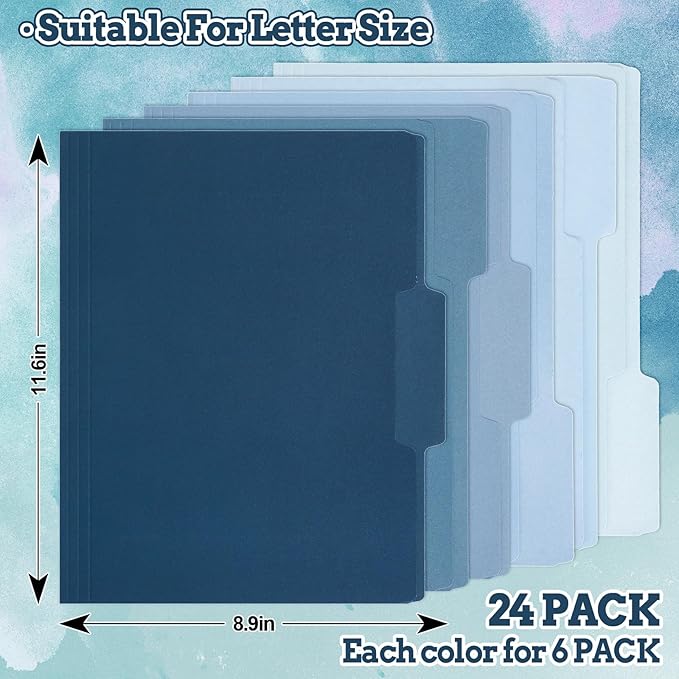 Whaline 24 Pack Dusty Blue File Folders Letter Size 6 Colors Gradient Blue File Pockets with 1/3 Cut Tab for Home Office Classroom Supplies, 8.9 x 11.6 Inch