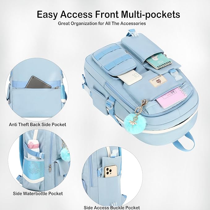 Hidds School Backpack for Teen Girls Women College Laptop Backpacks Kids Cute Bookbag Set with Lunch Box Pencil Case Elementary Middle High Campus Bag 3 Pcs Students Bookbags Sets Travel Daypack-Blue