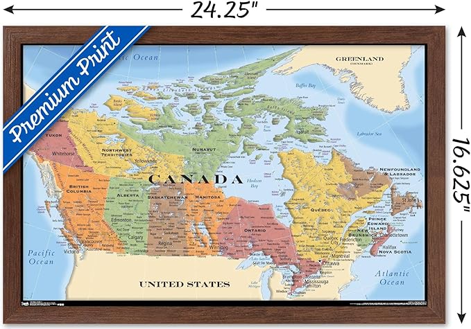 Map - Canada Wall Poster, 22.4L" x 14.7W", Mahogany Framed Version